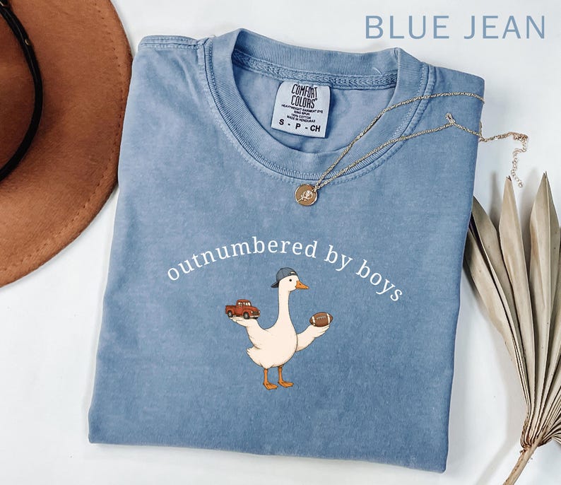 May include: Blue jean-colored t-shirt with the text "outnumbered by boys" and a cartoon goose wearing a baseball cap, holding a toy car and a football. A gold necklace is draped across the shirt.
