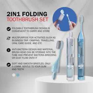 May include: A 2-in-1 folding toothbrush set in light blue. The set includes a foldable toothbrush and a protective case. The text on the image says the design is convenient to carry and store, and is multipurpose for travel.
