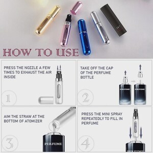 Puede incluir: Imagen de varios mini pulverizadores de perfume de colores, oro, rosa, azul y plata, con instrucciones. Las instrucciones muestran c&oacute;mo llenar el atomizador con perfume. El texto dice 'HOW TO USE'.