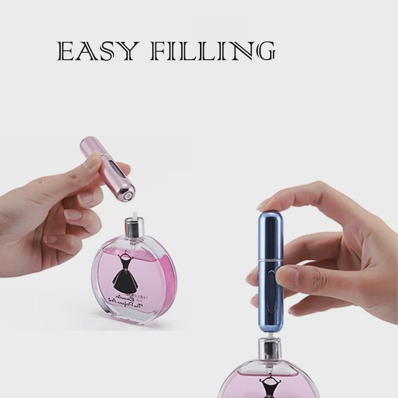 Puede incluir: Imagen de un frasco de perfume rosa con un dise&ntilde;o de vestido negro y un atomizador azul. El texto "EASY FILLING" est&aacute; en la parte superior. La imagen muestra c&oacute;mo llenar el frasco de perfume con el atomizador.