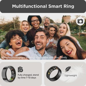 以下が含まれることがあります： デジタルディスプレイを備えた黒いスマートリング。笑顔のグループと一緒に表示されます。 このリングは多機能で軽量であり、バッテリー寿命は7〜10日です。 テキストは、リモート写真撮影用であると述べています。
