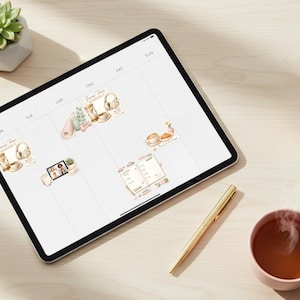 Peut inclure: Un planificateur numérique sur une tablette, avec des illustrations à l'aquarelle d'activités de temps de concentration. Un stylo doré, une tasse rose avec du thé et une plante succulente dans un pot blanc sont également visibles.