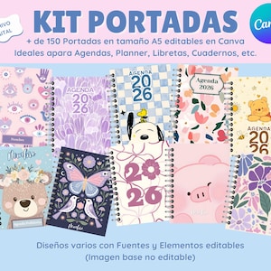Puede incluir: Un kit digital de más de 150 portadas de tamaño A5 con diversos diseños, incluyendo patrones florales, personajes de dibujos animados y el texto 'AGENDA 2026'. Incluye plantillas editables para agendas, planificadores y cuadernos.