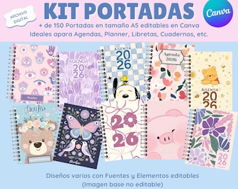 150+ Portadas Editables en Canva para Agendas y Cuadernos A5 | Kit Digital de Diseños para Planner, Libretas y Journals