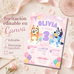 Puede incluir: Una plantilla de invitación de cumpleaños rosa con perros de dibujos animados, un arcoíris y el texto Olivia is turning 3. El diseño incluye espacios para fecha, hora, ubicación y detalles de RSVP, con globos y banderines coloridos.