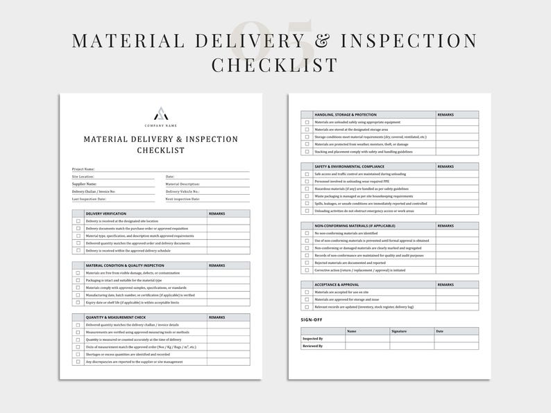 Material Checklist Chart Construction Site Checklist Bundle (set of 8) – Daily, Safety, Material ...