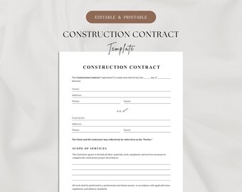 Construction Contract Template (3-Page) | Printable & Editable Construction Agreement | Contractor Client Contract | Residential/Commercial