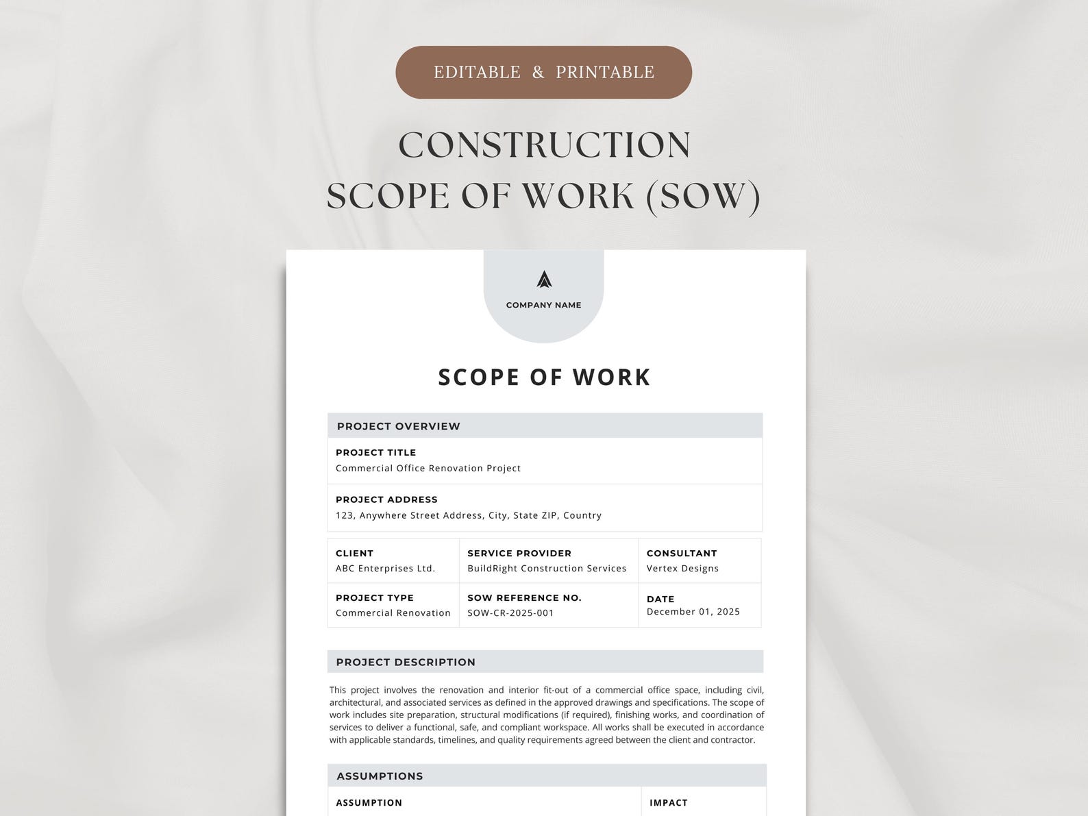 Editable Construction Scope of Work Template | 4-page SOW | Contractor ...
