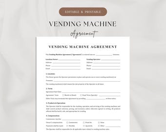 1-Page Vending Machine Agreement | Vending Machine Contract | Snack Machine Contract | Printable Vending Rental Form | Lease Agreement