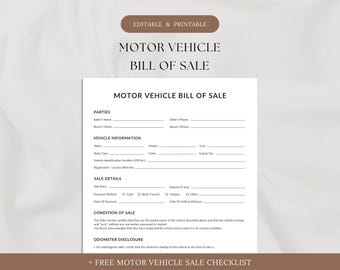 Motor Vehicle Bill of Sale Template | Printable, Editable-Word, Canva & Google Docs | Car Sale, Auto Sale Form, Vehicle Purchase Agreement