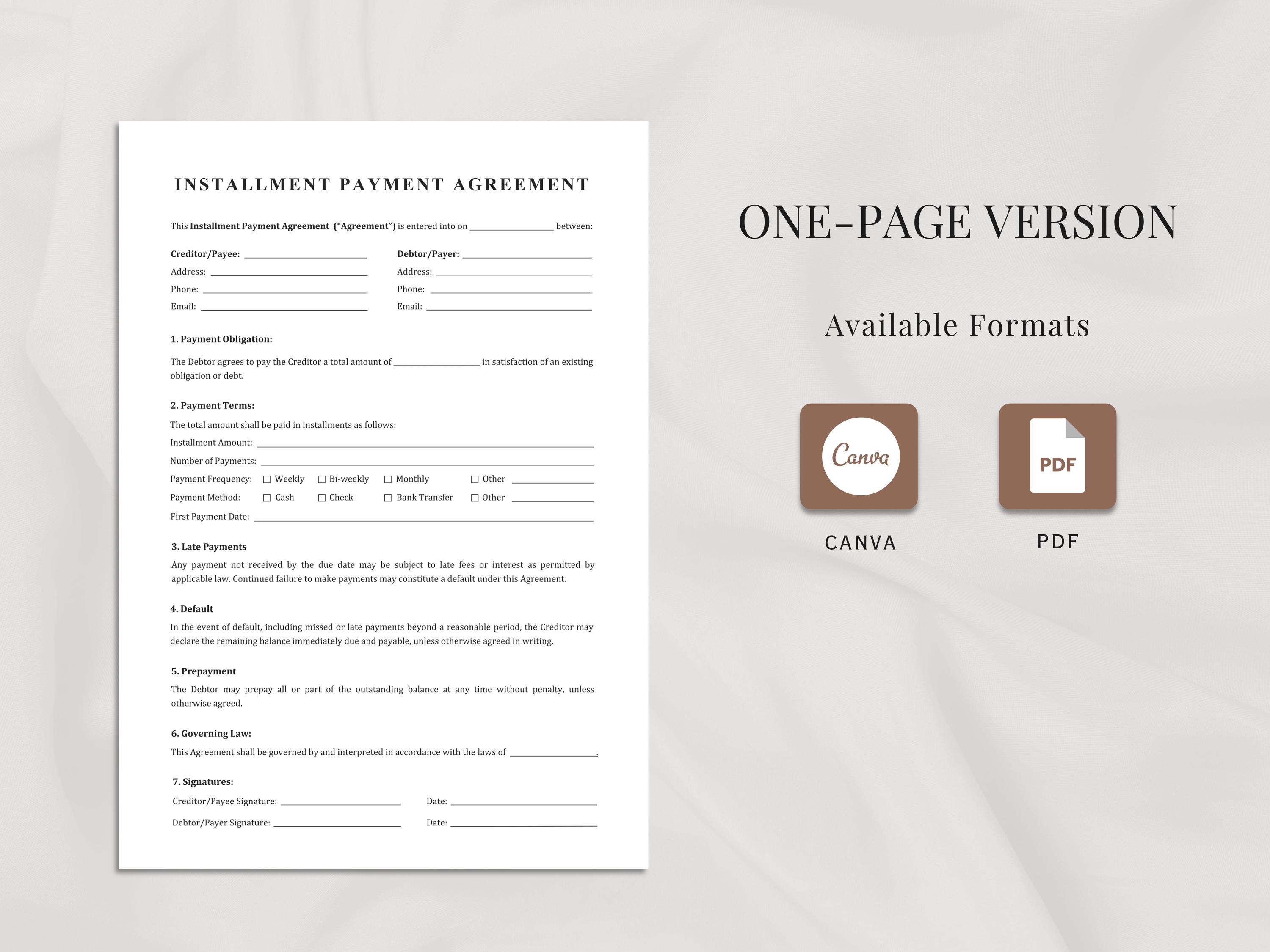 Installment Payment Agreement Template | Payment Plan Contract | Single ...
