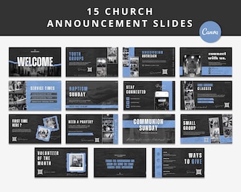 Modern Church Announcement Slides (15 slides) | Creative Church Presentation | Pre-Service, Worship, Events, Livestream | Canva Templates