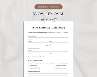 Plantilla de contrato de remoción de nieve / Contrato de servicio de nieve / Contrato de servicio de invierno / Formulario imprimible y editable / Residencial y comercial
