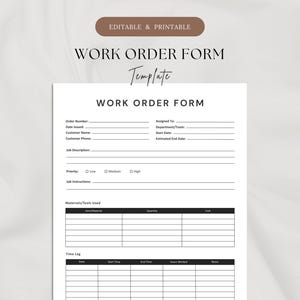 Könnte beinhalten: Eine druckbare Arbeitsauftragsformularvorlage mit einem klaren, minimalistischen Design. Das Formular enthält Felder für Bestelldetails, Arbeitsbeschreibung, Priorität, Materialien und ein Zeitprotokoll. Der Text "WORK ORDER FORM" ist deutlich sichtbar.