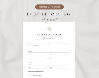 Contrato de decoración de eventos / Contrato de decoración de eventos de 3 páginas / Contrato de decoración para bodas y fiestas / Contrato de decoración imprimible y editable