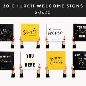 May include: A selection of square signs with welcoming messages. The signs are held up by hands and feature phrases like "Welcome Home", "Smile", and "Happy Easter". The signs are 50.8 x 50.8 cm and are designed for church use.