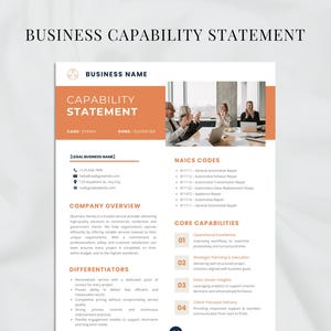 May include: A business capability statement template with an orange header and a photo of people in a meeting. The document includes sections for company overview, differentiators, NAICS codes, and core capabilities. The text "Business Capability Statement" is at the top.