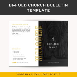 Puede incluir: Plantilla de boletín de iglesia plegable en dos, en blanco y negro. El lado izquierdo tiene texto como "MESSAGE FROM PASTOR" e información de contacto. El lado derecho presenta una imagen del interior de una iglesia, una cruz y "CHURCH NAME".
