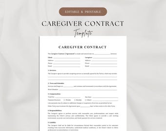Caregiver Contract Template | Caregiver Agreement | Private Caregiver Contract | Home Care Agreement | Elder Care | Child Care