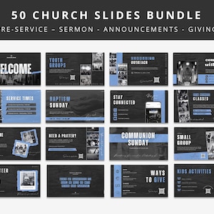 Pode incluir: Um pacote de 50 slides da igreja com um fundo cinza escuro e detalhes em azul. Os slides incluem texto como "Bem-vindo", "Grupos de jovens", "Horários de serviço" e "Domingo de batismo". O logotipo da Canva está no canto superior direito.