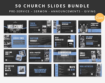 50 Church Presentation Slides Bundle | Pre-service, Announcement, Worship, Sermon & Ministry Templates | Canva Editable Church Media Kit