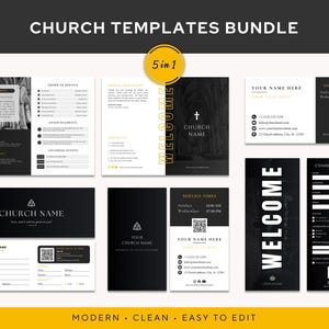 May include: A bundle of church templates in black and white, featuring various designs for announcements, service times, and contact information. The templates include the text "CHURCH NAME" and "WELCOME". The bundle is labeled "5 in 1".