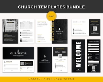 Church Templates Bundle (5 in 1) | Connection Card, Tithe Envelope, Bi-fold Bulletin, Business Cards | Church Branding Kit