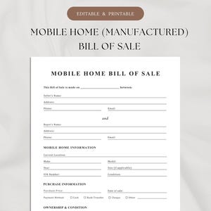 Mobile Home Bill of Sale Template | Printable & Editable | Manufactured Home Sale Form | Trailer Title/Ownership Transfer | Property Sale