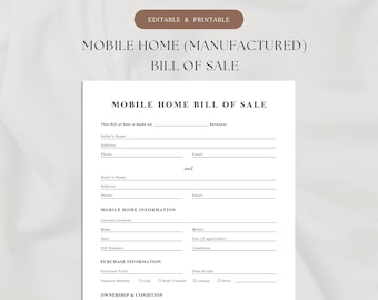 Mobile Home Bill of Sale Template | Printable & Editable | Manufactured Home Sale Form | Trailer Title/Ownership Transfer | Property Sale
