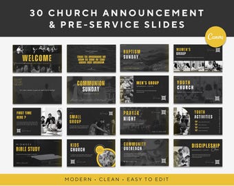 30 Church Announcement & Pre-Service Slides | Modern Church Presentation Canva Slides | Kids, Youth Ministry, Worship, Events, Livestream