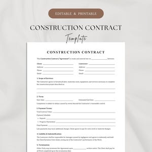 Könnte beinhalten: Eine druckbare Bauvertragsvorlage. Das Dokument trägt den Titel "Construction Contract" in einer serifenbetonten Schriftart. Es enthält Abschnitte für Kunden- und Auftragnehmerdetails, Leistungsumfang, Bedingungen, Zahlungsbedingungen und Haftung.