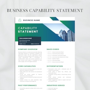 May include: A business capability statement template with a green and blue design. The document includes sections for company overview, core capabilities, and NAICS codes. The text "Business Capability Statement" is at the top.