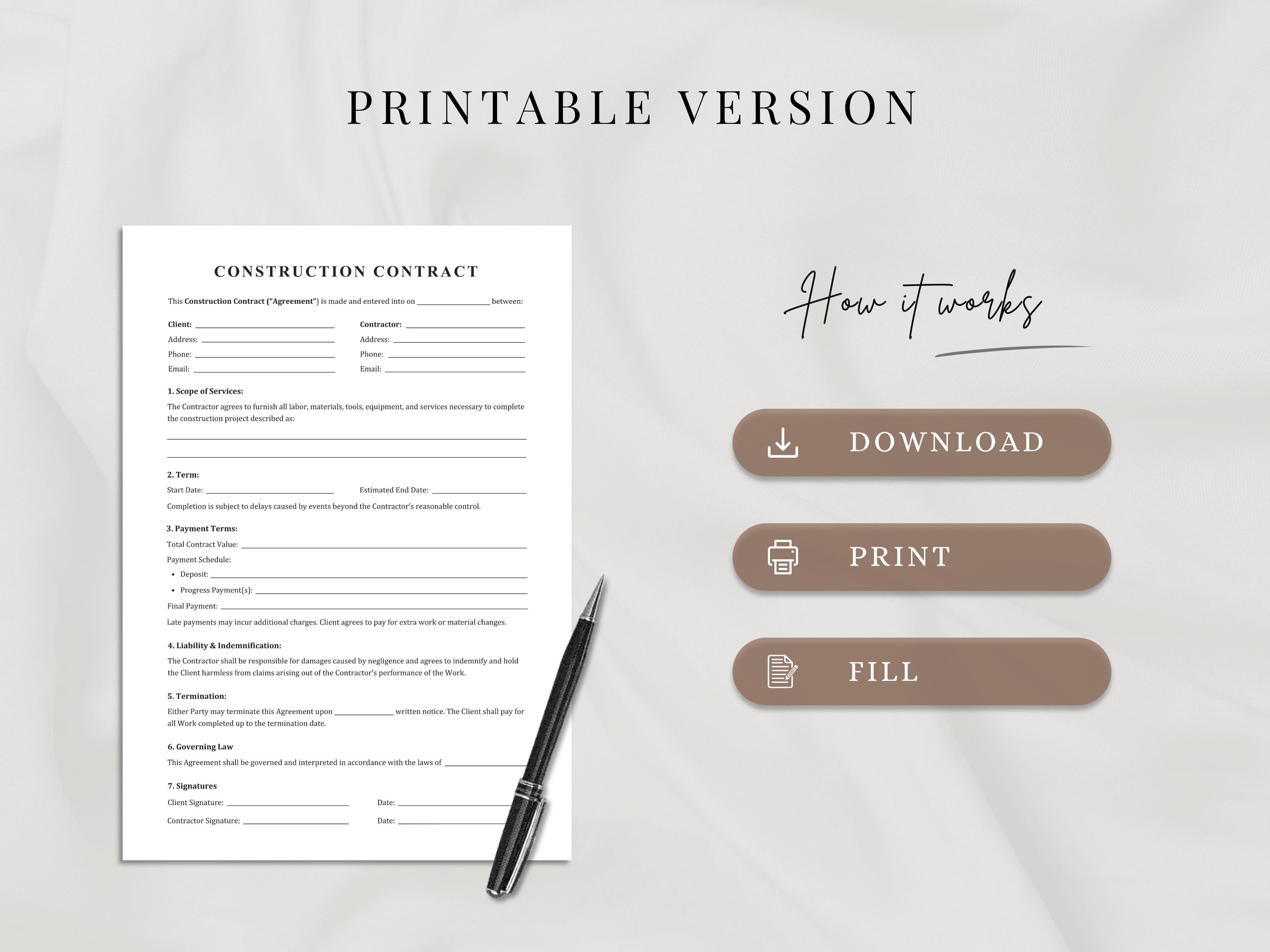 1-page Construction Contract Template | Editable Construction Agreement ...