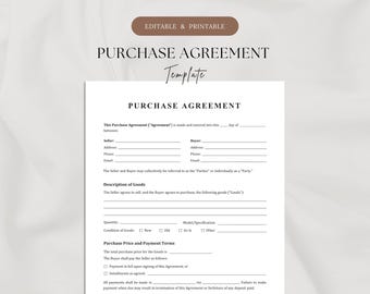 Purchase Agreement Template (3 Pages) | Editable in Word, Canva & Google Docs + Printable PDF | Professional Purchase and Sales Contract