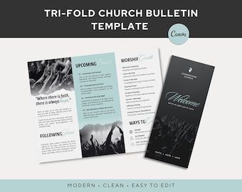 Modern Trifold Church Bulletin Template, Sunday Service Bulletin, Worship Program, Church Brochure, Canva Editable (Digital Download)