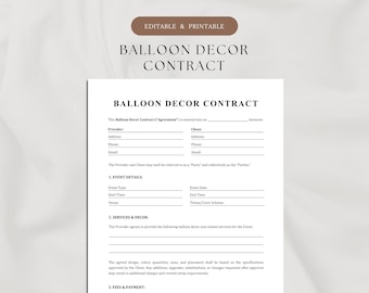 Balloon Decor Contract Template, Balloon Decoration Service Agreement, Balloon Artist/Stylist, Event Decor Contract, Party Decor Agreement
