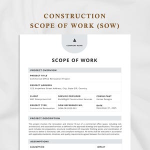 Peut inclure: Document intitulé "Champ d'application des travaux de construction (SOW)" détaillant un projet de rénovation de bureaux commerciaux. Il comprend le titre du projet, l'adresse, le client, le prestataire de services et la description du projet. La date est le 01 décembre 2025.