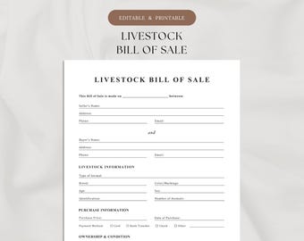 Livestock Bill of Sale Template | Printable & Editable | Farm Animal Sale Form | Ownership Transfer | Sale Contract | Livestock Agreement