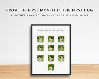 Primer regalo del Día de la Madre para mamás primerizas: plantilla de collage de fotos del embarazo al bebé, marco Polaroid de 9 meses, lámina decorativa imprimible para la pared con los hitos del bebé.