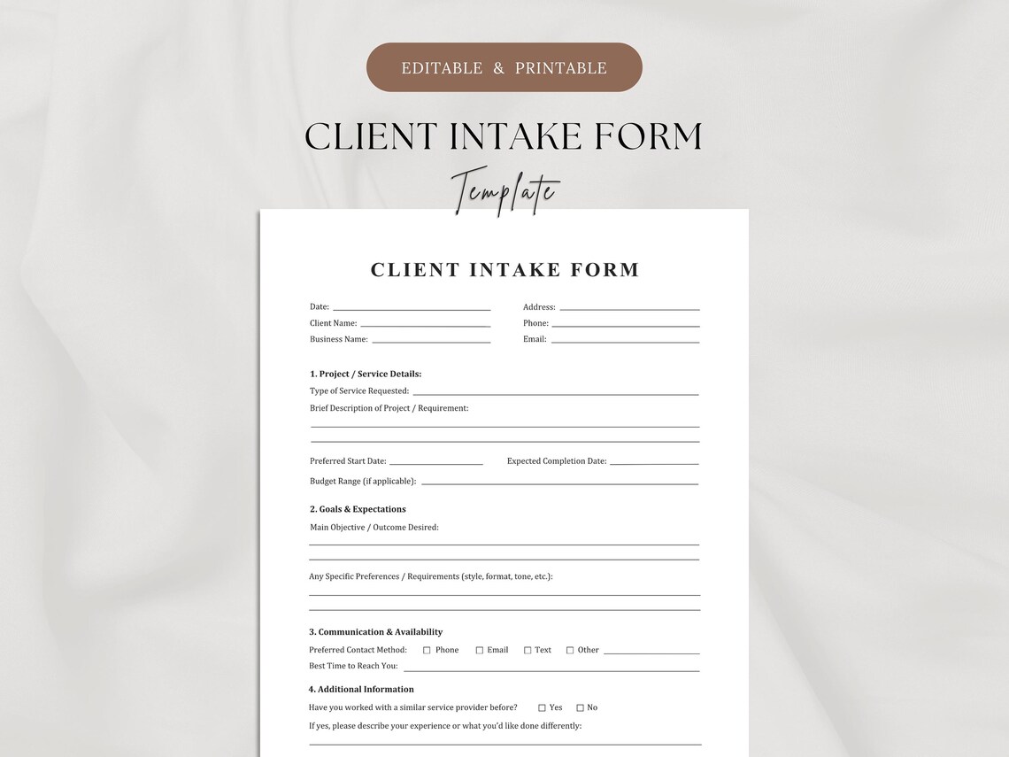 Client Intake Form Template | Printable & Editable | Business Client ...