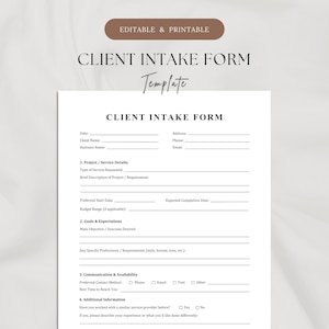 Può includere: Un modello stampabile di modulo di acquisizione clienti con un design pulito e minimalista. Il modulo include campi per i dettagli del cliente, le informazioni sul progetto, gli obiettivi, le aspettative e le preferenze di comunicazione.