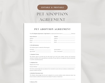 Pet Adoption Agreement Template | Editable Pet Adoption Contract | Dog & Cat Adoption Form | Animal Adoption Agreement | Rescue Pet Contract