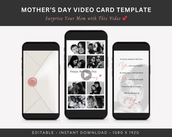 Plantilla de tarjeta de vídeo para el Día de la Madre / Regalo digital de última hora para mamá / Vídeo personalizado para mamá / Presentación de fotos tipo collage / Canva Reel editable