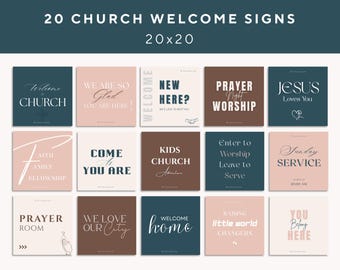 20 Church Welcome Sign Templates | Printable Hand held Church Greeter | Christian Church Entry Sign Poster | Church Program Canva Templates