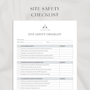 Puede incluir: Una lista de verificación de seguridad del sitio en blanco con texto negro. La lista de verificación incluye secciones para la seguridad del sitio y general, equipo de protección personal y limpieza. El documento tiene un logotipo de la empresa.