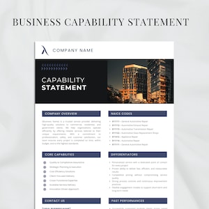 Peut inclure: Un document intitulé "Business Capability Statement". Il comprend des sections pour la présentation de l'entreprise, les codes NAICS, les principales capacités, les différenciateurs, les coordonnées et les performances passées. Le document est de couleur bleu foncé et blanc.