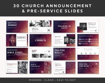 30 Church Pre-Service & Announcement Slides Template | Modern Church Presentation Slides | Worship, Events, Livestream | PowerPoint + Canva