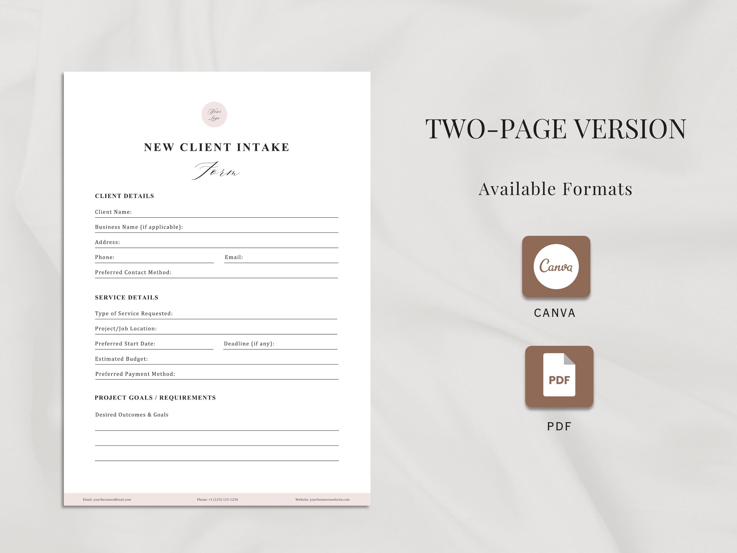 Client Intake Form Template | 2-page Client Information Business Form ...