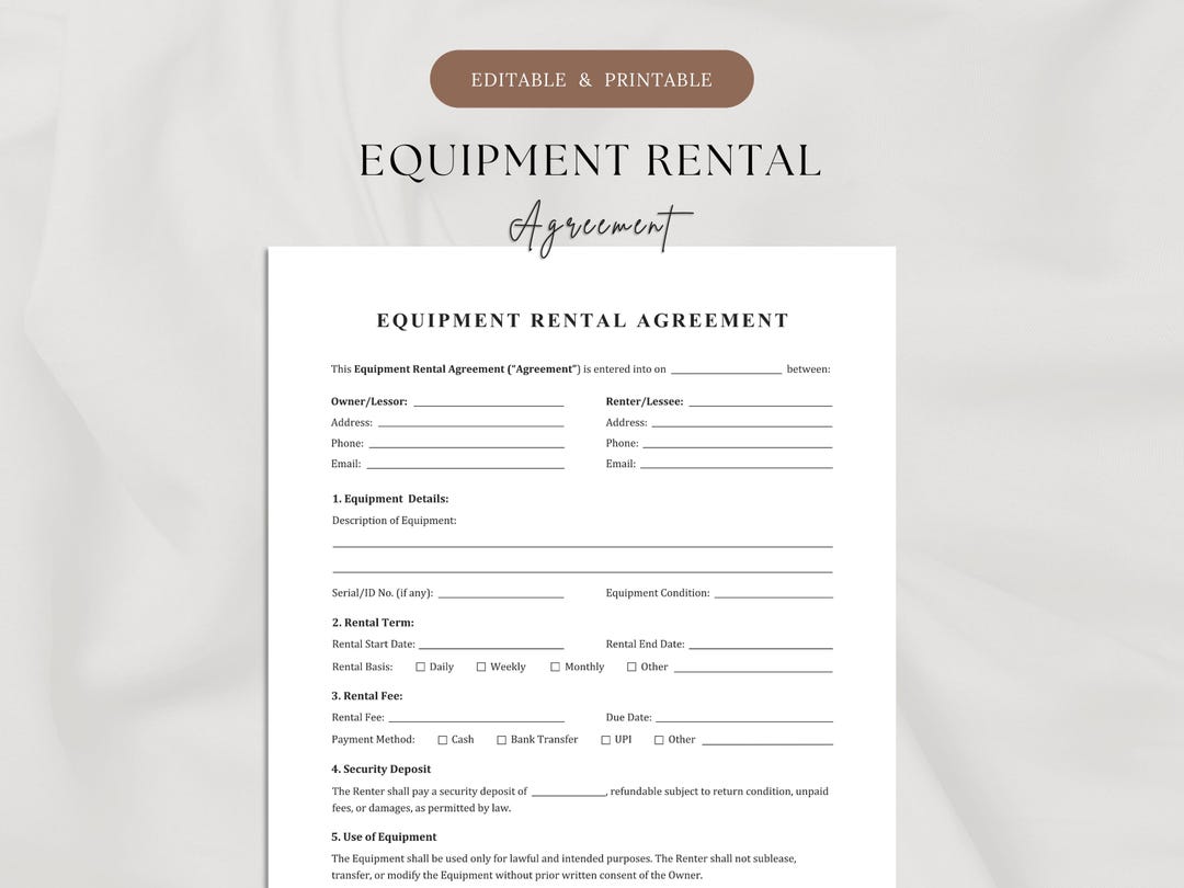 1-page Equipment Rental Agreement Form | Equipment Rental Contract ...