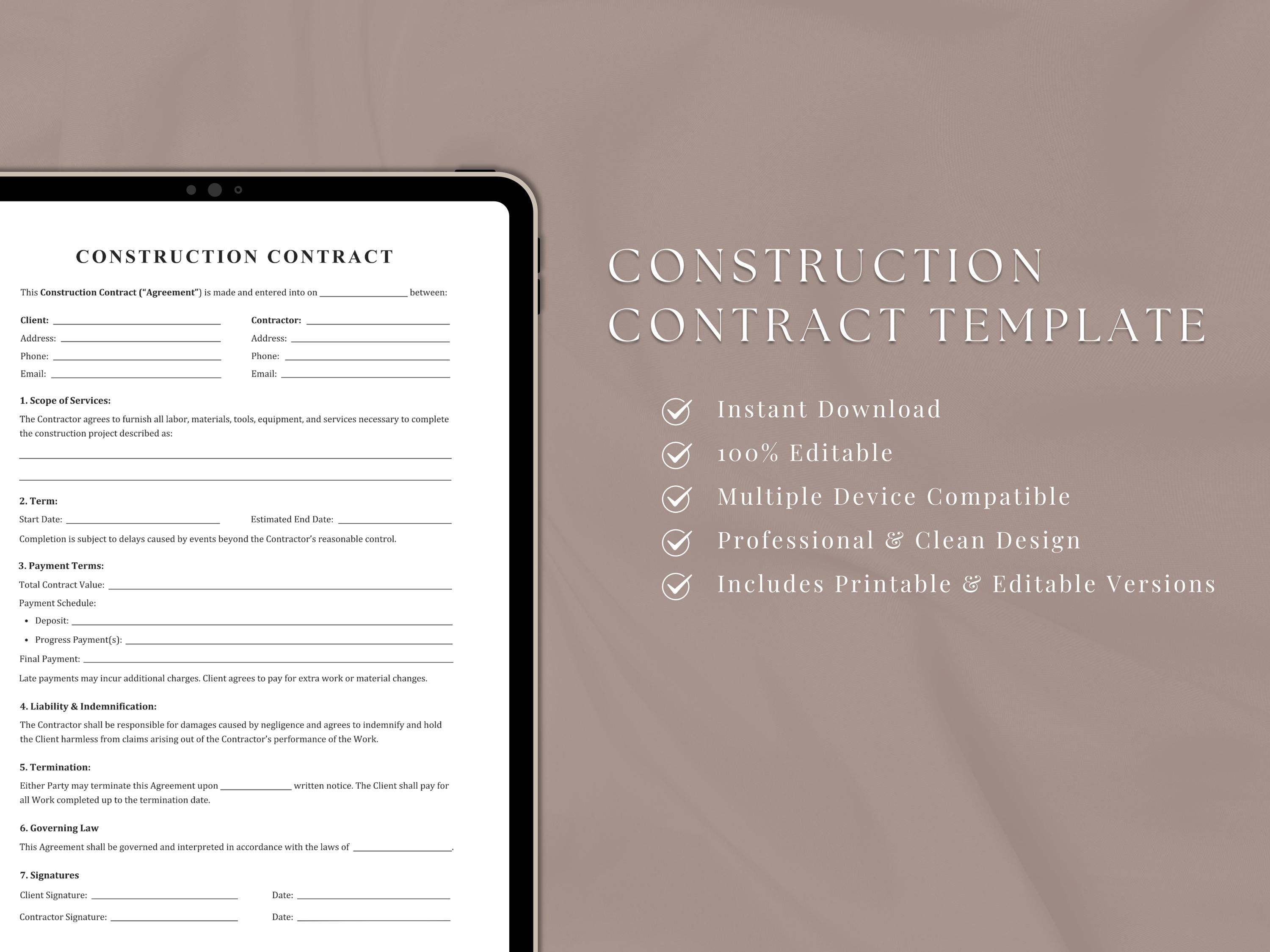 1-page Construction Contract Template | Editable Construction Agreement ...